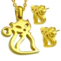 Set auriu din inox cercei si pandantiv cu pisicute [0]